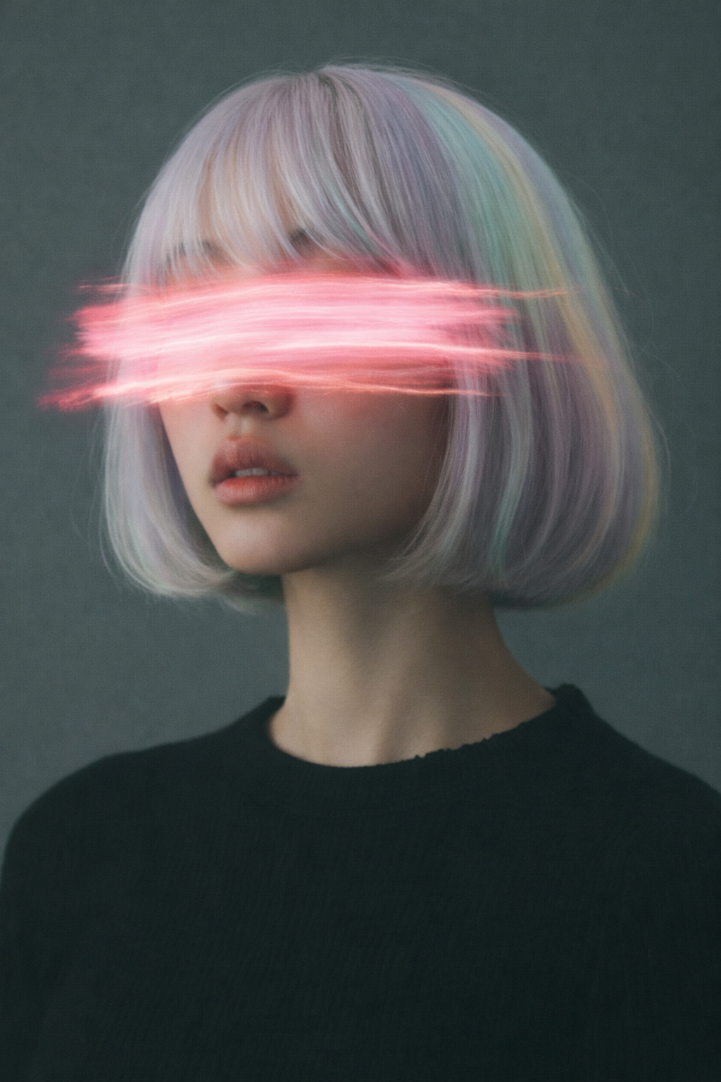 Woman with pastel rainbow hair and glowing pink stripe across her eyes