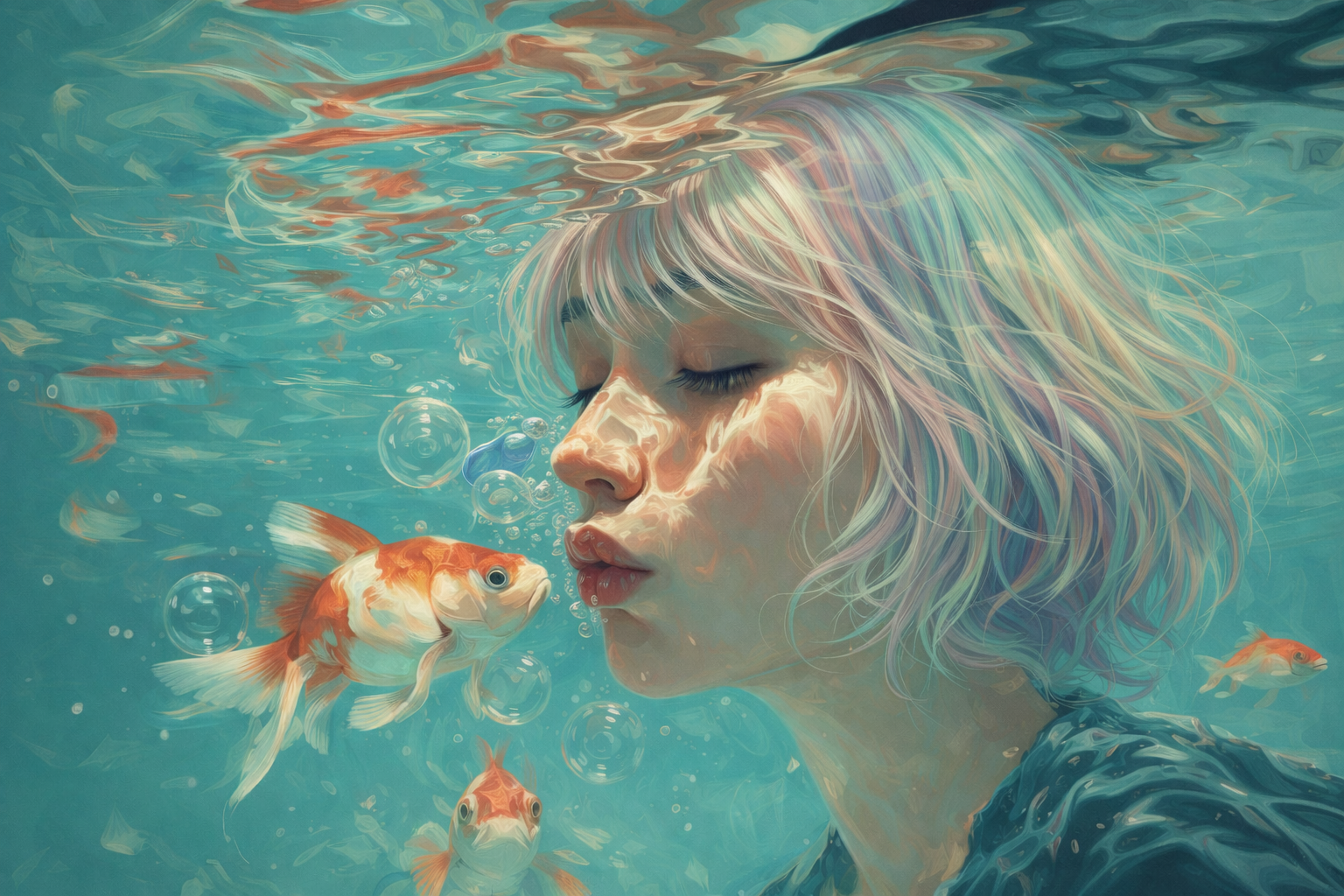 Woman underwater with goldfish in a dreamy artistic scene